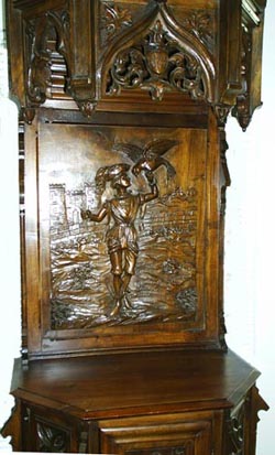 3228-detail of falconry scene on french antique cabinet