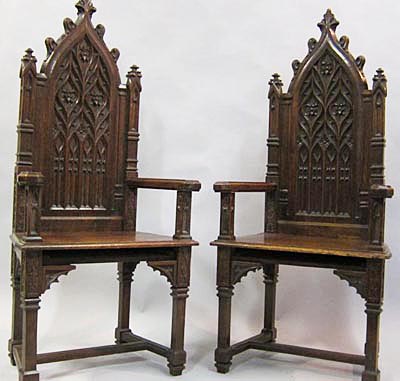 pair of french antique gothic revival armchairs