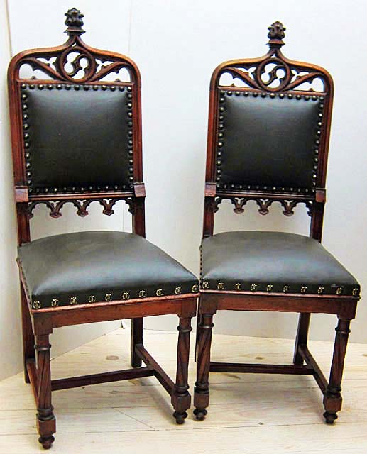 2 gothic revival dining chairs in leather